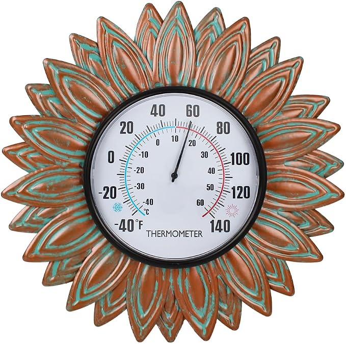 Copper Solar Rain Gauge Outdoor and 12" Bronze Sunflower Metal Outdoor Thermometer for Garden Patio Home Decor