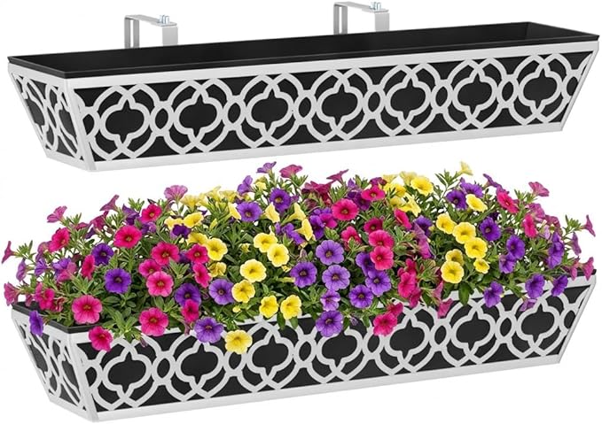 Y&M 30'' Metal Railing Planter Box Set with Black Non-Woven Fabric Liner, Flower Boxes with Adjustable Brackets, 2 Pcs Large Hanging Window Boxes for Fence, Deck, Balcony, and Garden - Gray