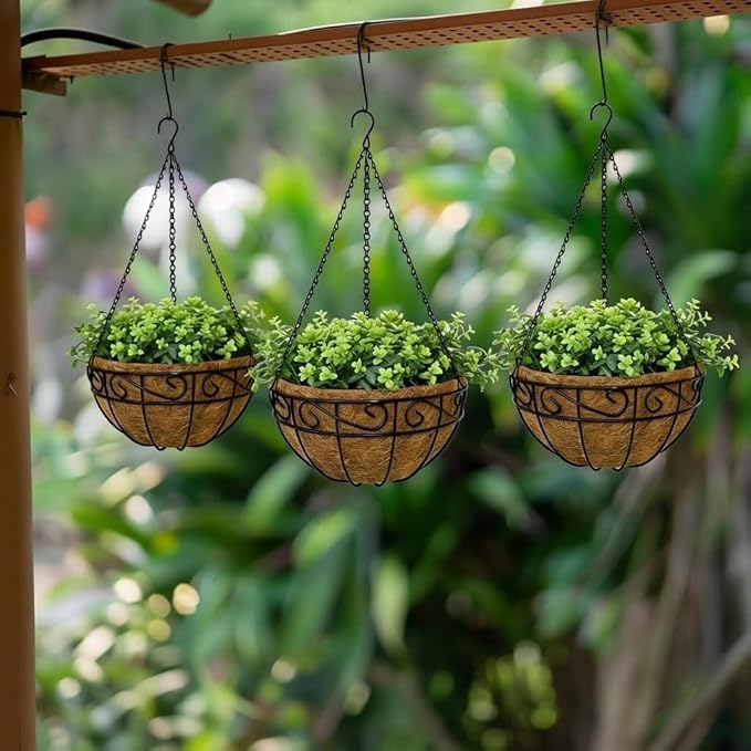 14 Inch Hanging Baskets for Plants Outdoor, 3 Pack Metal Wire Hanging Planters with Coco Coir Liners, Rust-Resistant Flower Basket with Chains & Hooks for Garden Patio Porch Deck Balcony
