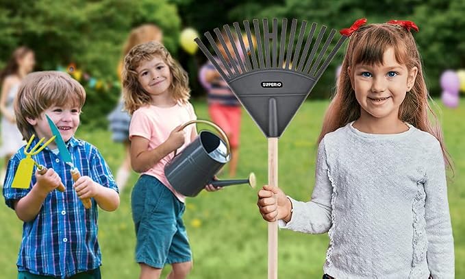 Superio Kids & Adult Set Rakes with Hardwood Handle, Durable Plastic Head to Sweep Leaves in Lawn and Tidying Up The Garden, Kids Size 34" Adult Size 61"