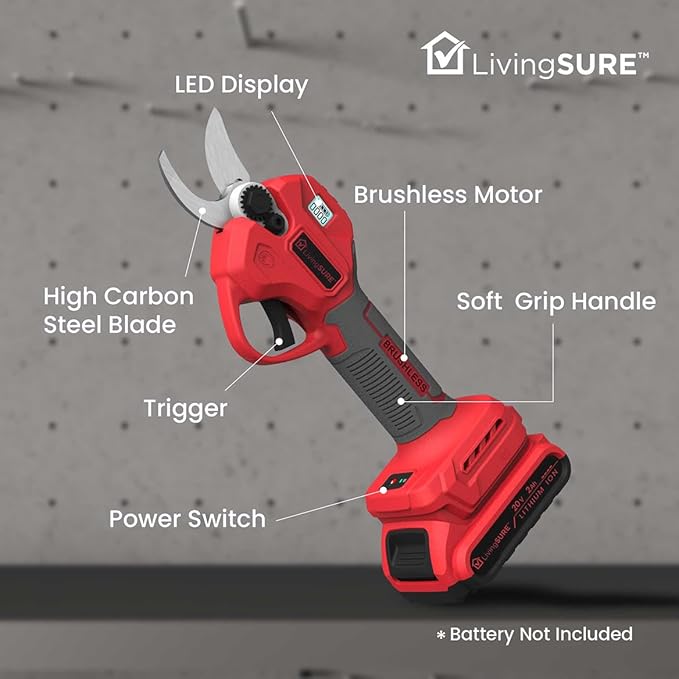Cordless Pruning Shears by LivingSURE Portable Electric Shears For Gardening Tree and Flower Trimming, Branch Cutter for Outdoor Bushes and Garden - Battery Not Included