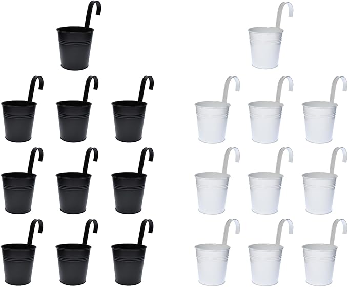 LaLaGreen Bundle - 6" x 10 Pack Black + 6" x 10 Pack White Large Metal Flower Pot Over Rail Balcony Railing Hanging Buckets for Plants Outdoor Fence Wall Herb Garden Succulent Outside Deck Patio Porch