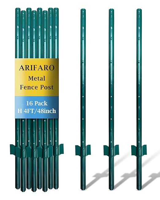 ARIFARO Fence Posts 4 Feet Sturdy Duty Metal Fence Post, Pack of 16, No Dig Garden U Post for Wire Fencing Steel Post for Yard, Outdoor Wire