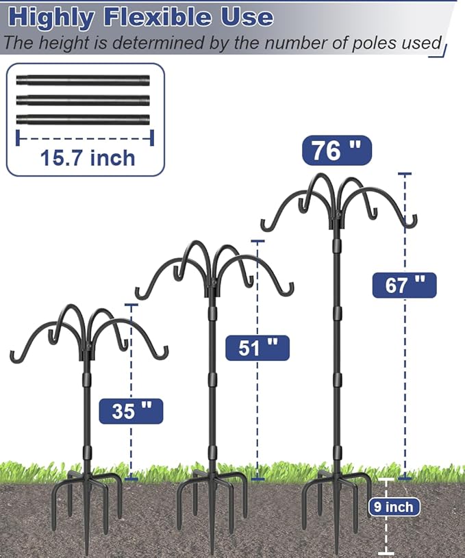 Upgrade 4-Hook Shepherds Hooks for Outdoor with Plastic Tube, 76" Heavy Duty Bird Feeder Pole with 5 Prongs Base, Adjustable Garden Hook for Solar Light, Hanging Plant, Wedding Decor, 2 Pack