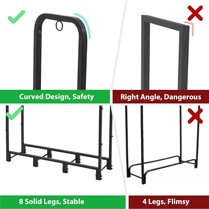 4FT Firewood Rack Outdoor with Cover, Heavy Duty Wood Holder with Log Carrier, Adjustable & Waterproof Log Holder Wood Storage Stand for Fireplace Patio Outdoor, Black