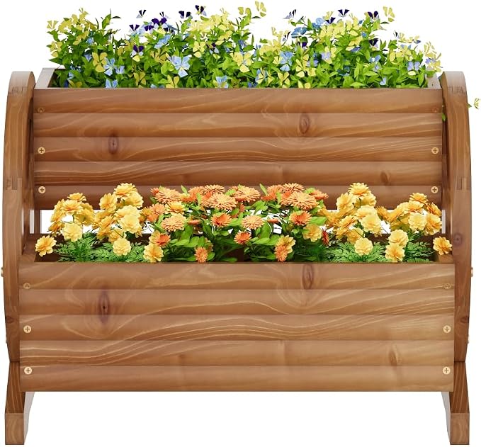 Wooden Wagon Planter with Wheels, Brown, Large | Flower Pots Outdoor Flower Cart, For Patio Balcony Decoration, Succulent Flower Pot, Indoor Backyard Yard Decor