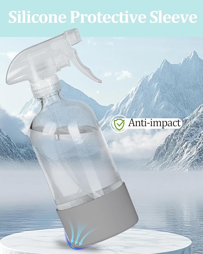 2 Pack 360° Glass Spray Bottles with Silicone Sleeve, 16 oz Empty Refillable Containers with Adjustable Spray Nozzles, Spray Bottles for Hair, Cleaning Solutions and Plants Grey&Blue