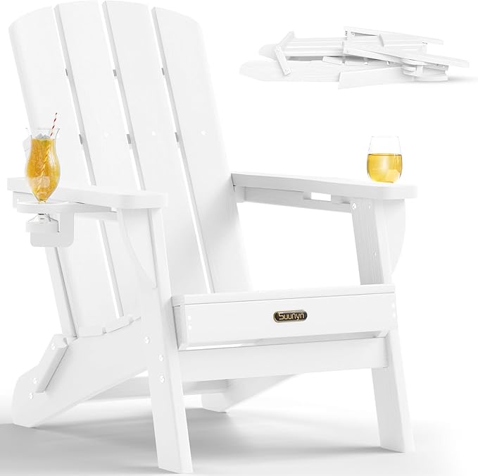 Folding Adirondack Chair, HDPE All-Weather Fire Pit Chairs, Plastic Adirondack Chairs with 2 Cup Holder, Outdoor Lawn Chair for Patio Garden (White)