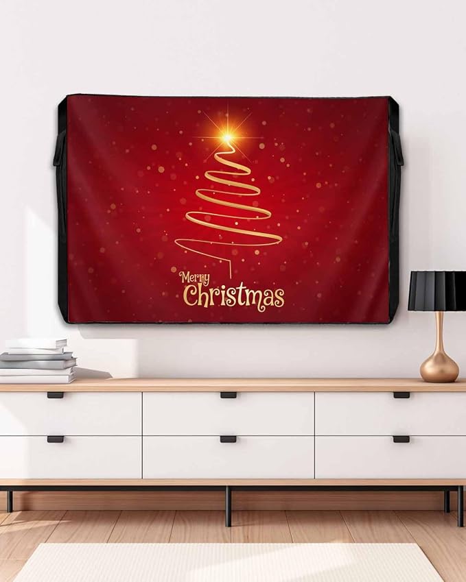 Outdoor TV Cover for Outside Flat Screen,Gold Stripe Merry Christmas Text,600D Thick Waterproof Weatherproof Outdoor TV Screen Protector with Zipper for 40 to 43 Inch Flat Screens