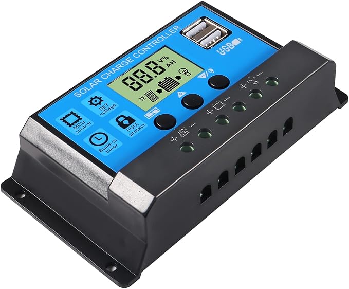 ACEIRMC 2pcs 30A Solar Charge Controller 12V/ 24V Solar Panel Charge Controller Intelligent Regulator with 5V Dual USB Port Display Adjustable Parameter LCD Display and Timer Setting ON/Off Hours
