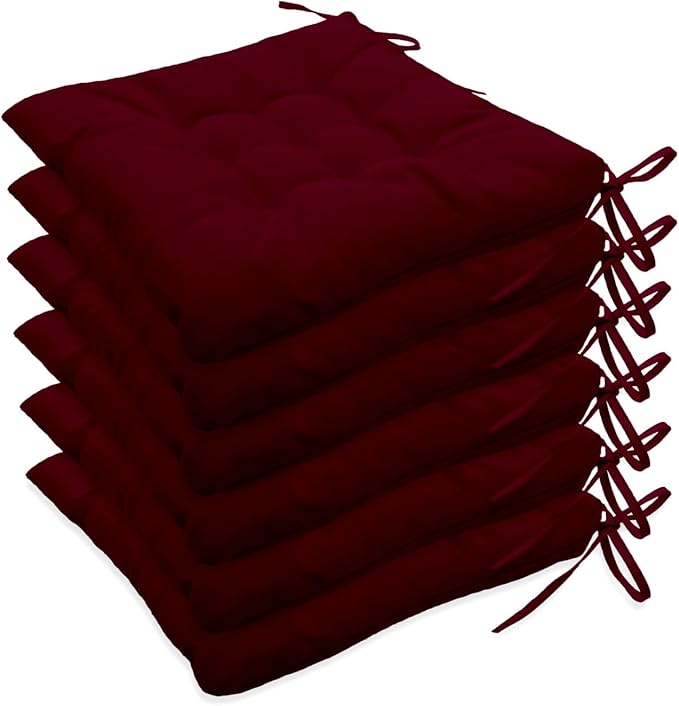 Outdoor Indoor Tufted Chair Cushions, Seat Cushions with Ties, Chair Pads Waterproof for Porch Kitchen Office Garden Burgundy 16" x 16", Set of 6