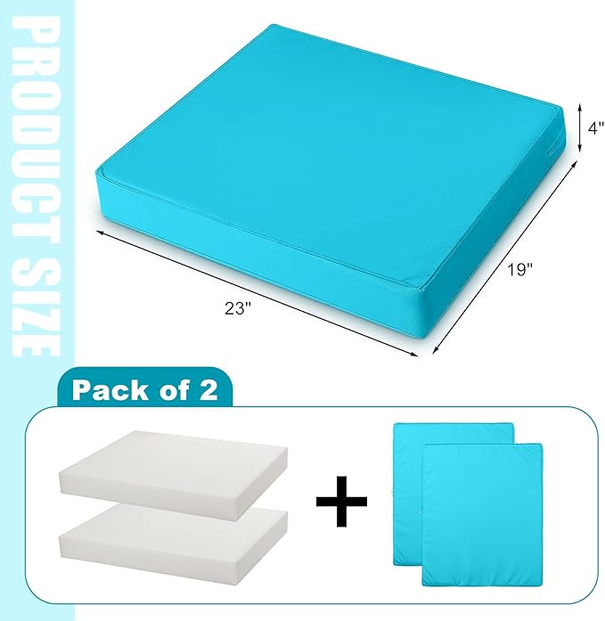 DoubleFill 2 Pcs Outdoor Ottoman Cushion 23"x19"x3" Waterproof Fade Resistant Outdoor Footstools Cushion Removable Patio Ottoman Cushions with Adjustable Fixing Strap for Stool (Lake Blue)