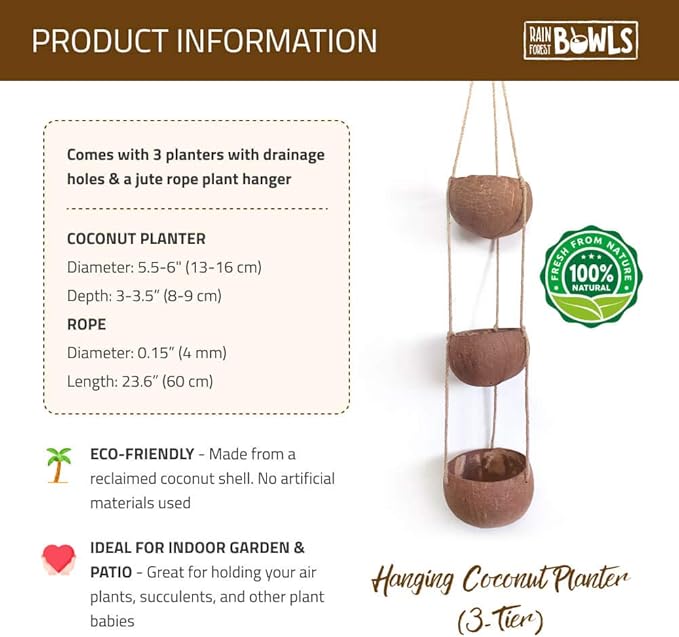 Rainforest Bowls 3-Tier Hanging Coconut Planter w/ Drainage Hole- Perfect for Succulents, Flowers, Small Plants, Indoor & Outdoor Gardens- Hand Carved by Artisans, Eco-Friendly & Sustainable