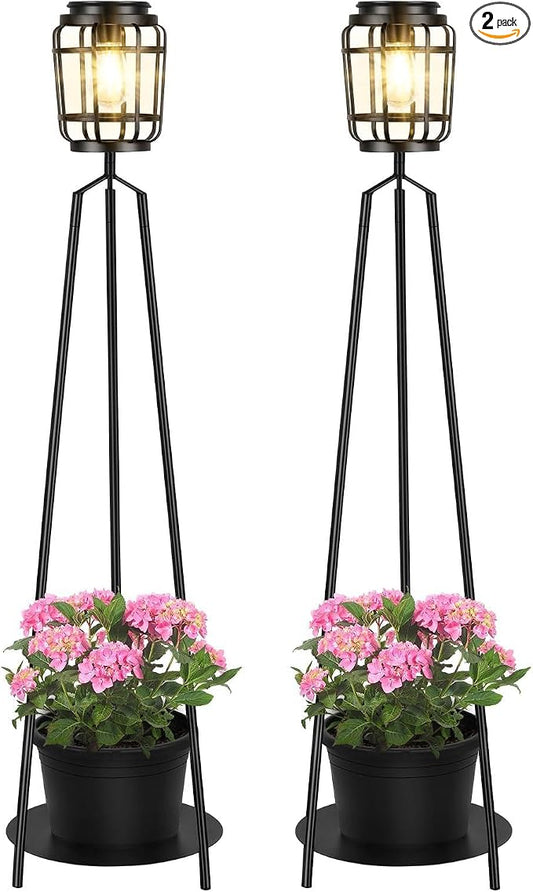 TOWPONICS 2-Pack 40.75'' Solar Lights with Plant Stands, Solar Powered Outdoor Floor Lamp with Planter, IP65 Waterproof Outdoor Lamp for Patio Deck Porch Yard Garden Decor, 8-12 Hours Lighting