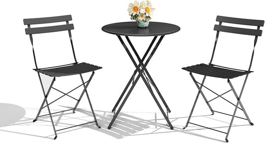 3-Piece Folding Bistro Set, Outdoor Patio Furniture Set with 2 Chairs & 1 Table, Space-Saving Foldable Balcony Garden Set with Heavy-Duty Powder-Coated Steel Frame, No Assembly Required, Black