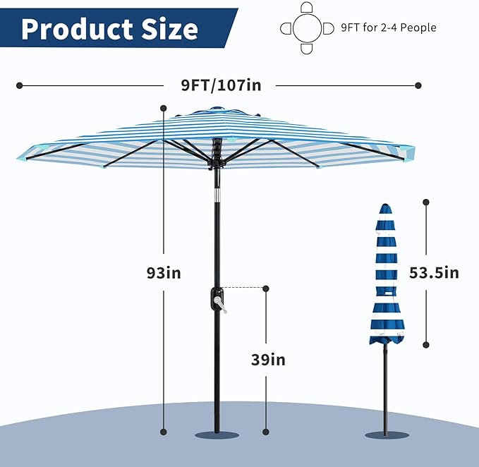 Garvee 9FT Outdoor Patio Umbrella 8 Sturdy Ribs Outdoor Table Umbrella with Crank Lift & Push Button Tilt - UV Protection Waterproof Market Umbrellas for Pool Deck Yard Garden, Blue & White Stripes