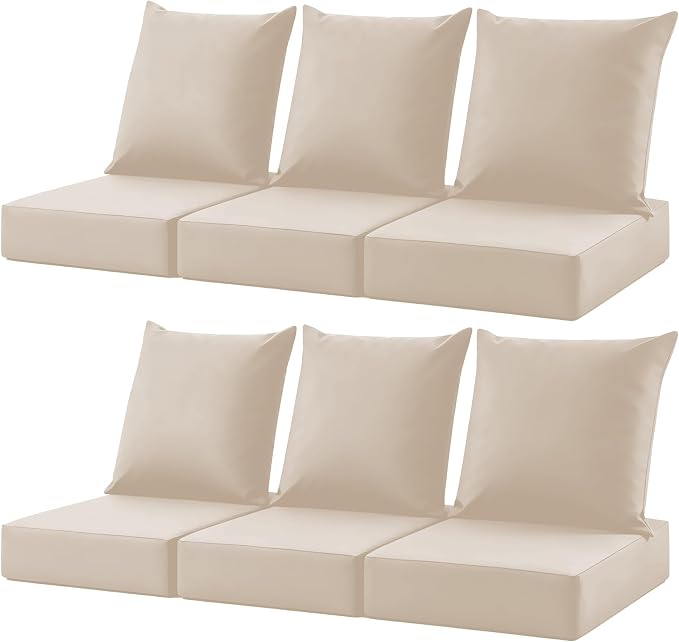 Patio Cushions for Outdoor Furniture, 24x24 Outdoor Couch Cushions, Waterproof & Fade-Resistant Patio Chair Cushions with Removable Cover, Replacement Outdoor Deep Seat Cushion, Beige (Set of 6)
