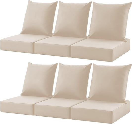 Patio Cushions for Outdoor Furniture, 24x24 Outdoor Couch Cushions, Waterproof & Fade-Resistant Patio Chair Cushions with Removable Cover, Replacement Outdoor Deep Seat Cushion, Beige (Set of 6)
