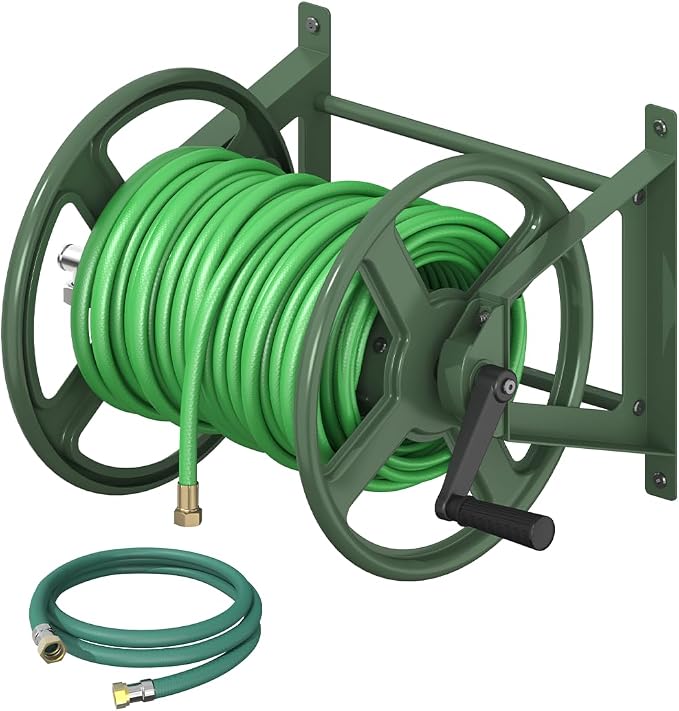 Garden Hose Reel Wall Mounted, Heavy-Duty Water Hose Holder Winder with 3.9 ft Leader Hose & Brass Fitting, Hose Hanger Storage Rack Holds 125-Feet of, 5/8-Inch, for Yard Lawn Farm, Green