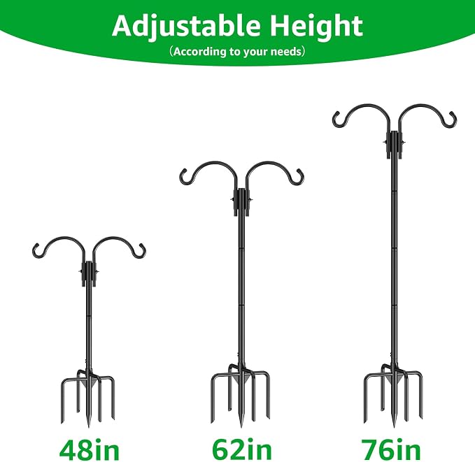 GOFORWILD Double Shepherds Hook for Outdoor, with 5-Prong Base, 76inch Adjustable Metal Bird Feeder Pole for Hanging Bird Nest, Plant Basket,Lantern,Solar Light 1 Pack