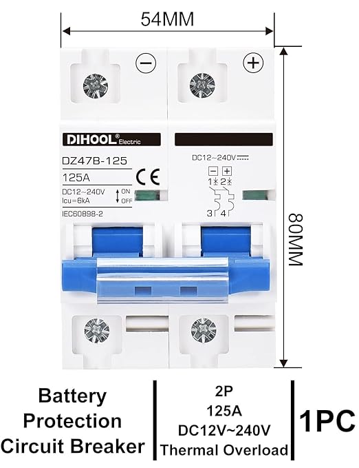 DIHOOL DC Circuit Breaker,125A 2 Pole,12V to 240 Volt Solar Disconnect Switch,DIN Rail Mount