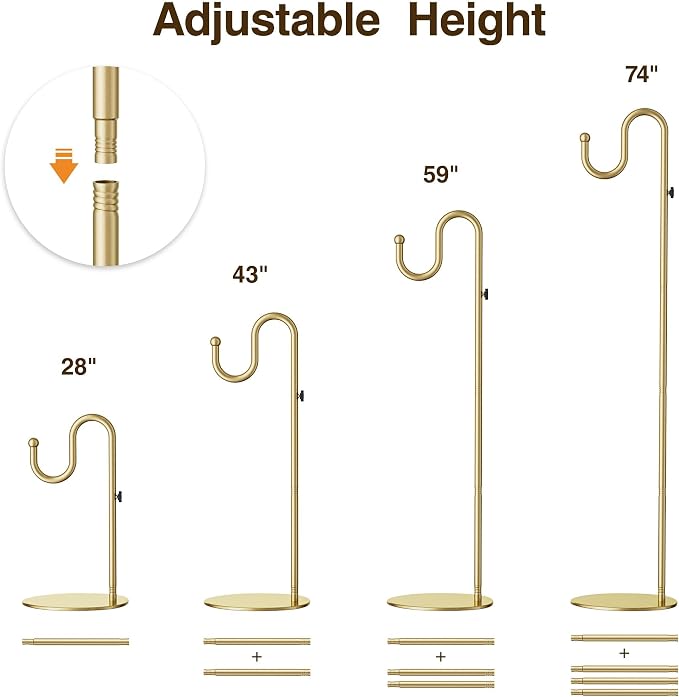 74" Gold Shepherds Hook Stand–Adjustable Free Standing Pole Holder for Hanging Bird Feeders, Plants, Lanterns, Wreaths, and Wind Chimes, Heavy Duty Base for Indoor & Outdoor Use, Holds Up to 20 LBS