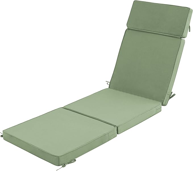 72 x 21 Inch Outdoor Chaise Lounge Cushion - Removable Cover, 4-Section Design, Water-Repellent & Fade-Resistant, 6 Tie Straps, Replacement for Patio & Pool Chairs - Sage Green
