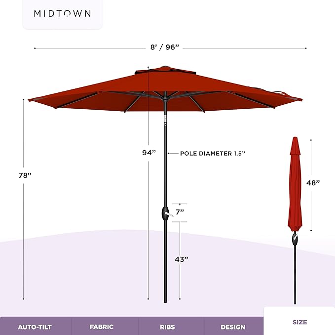 Midtown Umbrellas - 10-Year-No-Fade 8 Ft Patio Umbrella with Terylast Fabric, Auto-Tilt Aluminum Frame and 8 Reinforced Ribs for Deck, Pool, Garden & Beach - Apple Red Canopy, Black Pole