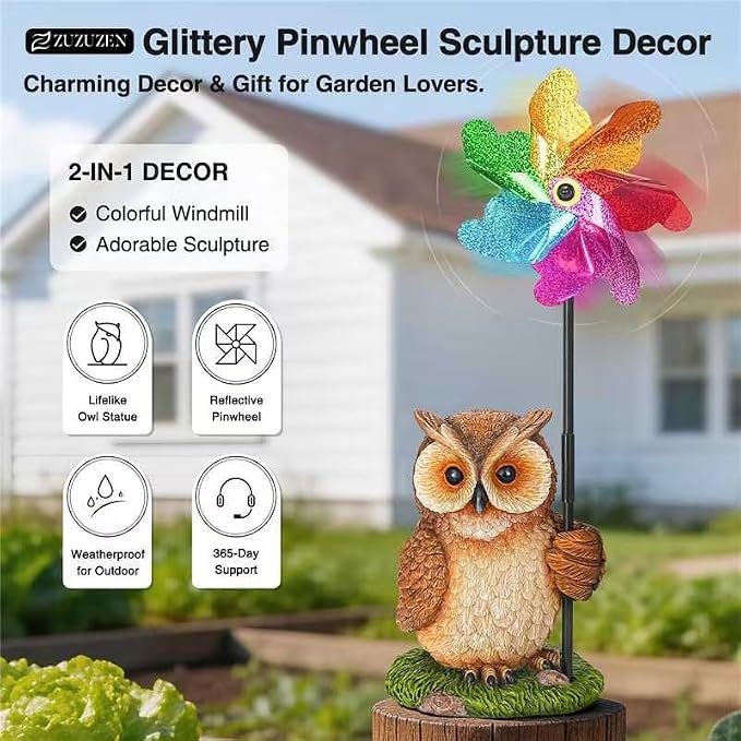 Owl Wind Spinners Garden Decor, Outdoor Resin Yard Statue & Colorful Reflective Spinners for Flower Bed, Lawn, Backyard Outdoor Decor Gifts for Women, Garden Lover