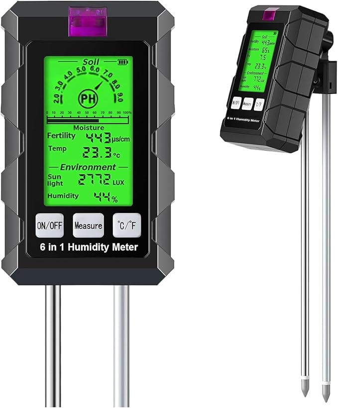 LDOPTO 6-in-1 Soil Moisture Meter, Soil Test kit with Moisture/pH/Temperature/Sunlight/Air Humidity/Fertility, Soil Tester for Farming, Gardening and Outdoor Plants (2*AAA Battery Needed)