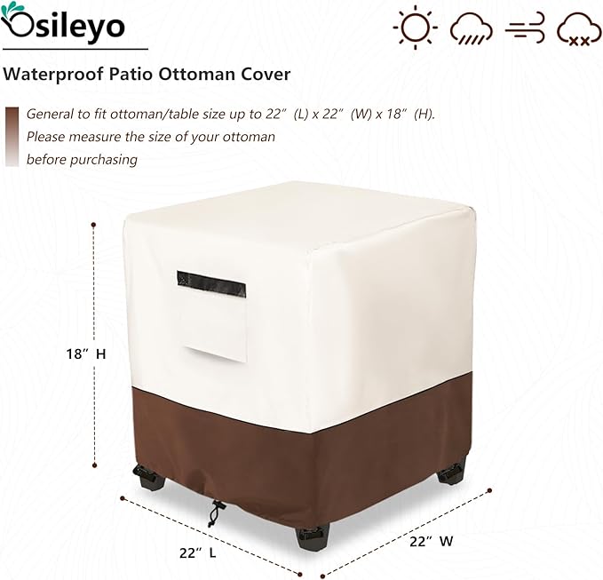 Waterproof Patio Ottoman Cover,Square Patio Small Side Table Cover,Heavy Duty Outdoor Furniture Cover Size 22L x 22W x 18H inch(Beige&Brown)