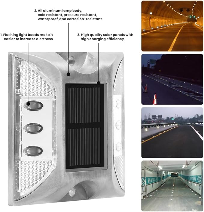 Solar Raised Pavement Marker High Brightness IP68 Waterproof Solar Powered Reflector Road Solar Blinker Light for Anti-diecast Aluminum Protruding Signs Warning 8PCS (White)