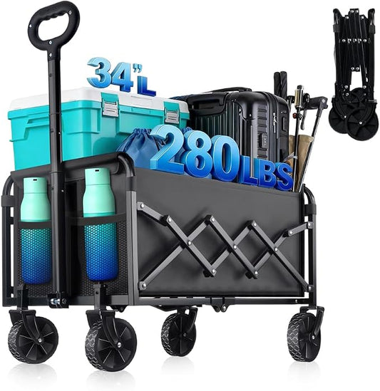 280LBS Collapsible Wagon Cart with Wheels - Heavy Duty Folding Wagon Carts for Grocery, Lightweight Utility Wagon with All-Terrain Wheels & 2 Cup Holders, Portable Beach Wagon for Shopping Garden