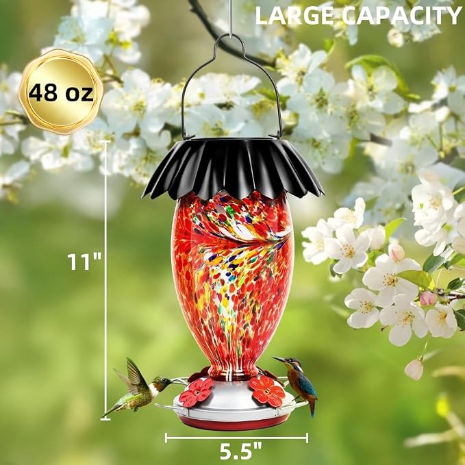 Solar Hummingbird Feeder for Outdoors Hanging Colorful Lighting 32 Oz Hand Blown Glass Hummingbird Feeder for Garden Decoration with Accessories (Red)