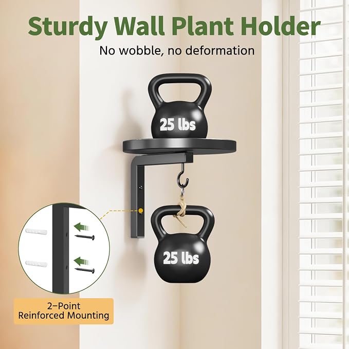 LASZOLA Plant Hangers Shelves Wall Mounted Indoor with Grow Lights, Metal Window Plant Holders, 4Pcs Modern Floating Flower Display Stand with 4 Hooks for Outdoor Kitchen Bathroom Decor, Black