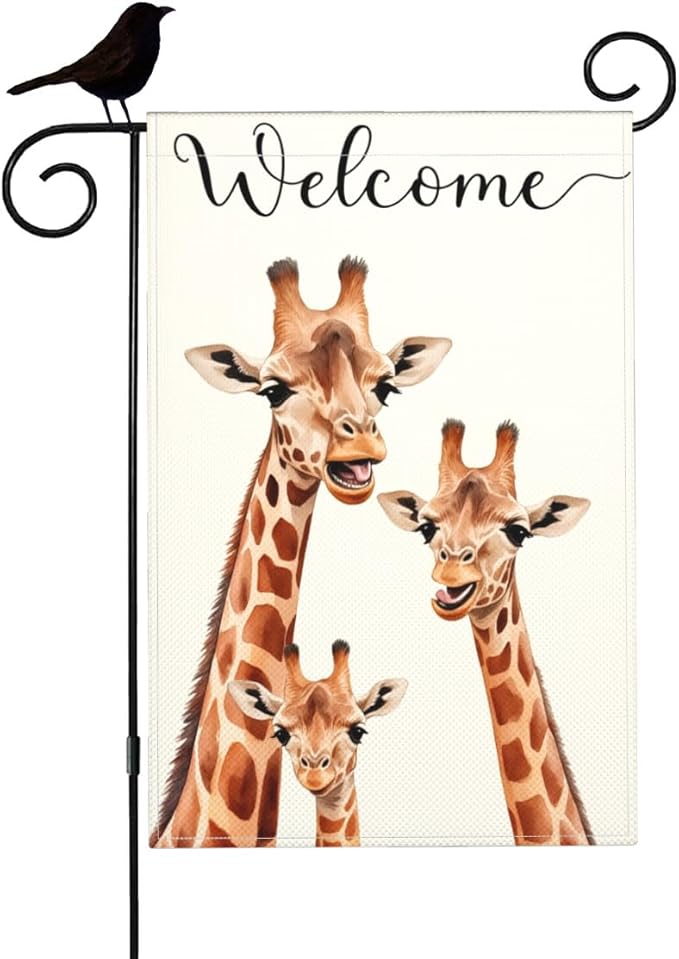 Mugod Funny Giraffes Garden Flag 12.5X18 Vertical Double Sided, South African Animal Safari Cute Wildlife Yard Flag Burlap Banners for Seasonal Farmhouse Outside Decor