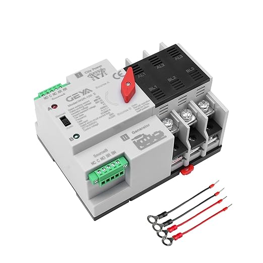 GEYA Mini ATS Automatic/Manual Transfer Switch, Solar Auto Dual Power Over & Under Voltage Switch 50/60Hz Grid to AC Generator(3Pole 100A 220V)