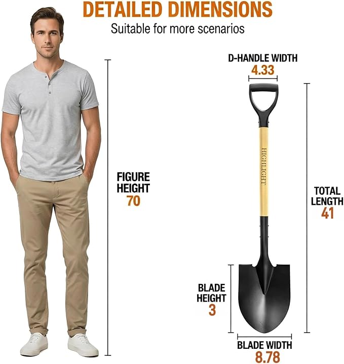 Heavy Duty Garden Shovel for Digging, 41 Inch Round Point with D-Handle, Cold Rolled Steel Blade - for Edging, Trenching, Transplanting, Snow Removal - Wood Handle for Camping, Beach, Car Emergency