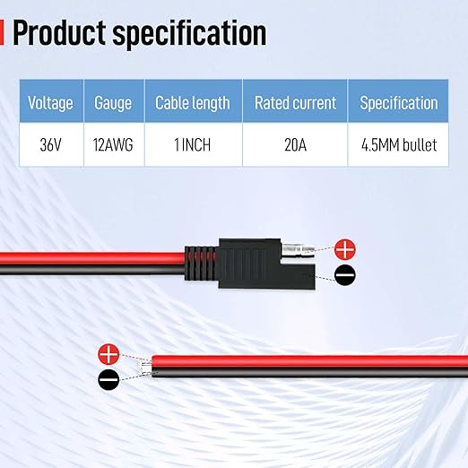 1 Foot 2-Pin 12AWG SAE Quick Connector Extension Cable, 12V SAE Connector Disconnect Power Plug, Single Plug Power Wire for Solar Panels, Motorcycle, Vehicle, Tractor Battery (5 PCS)