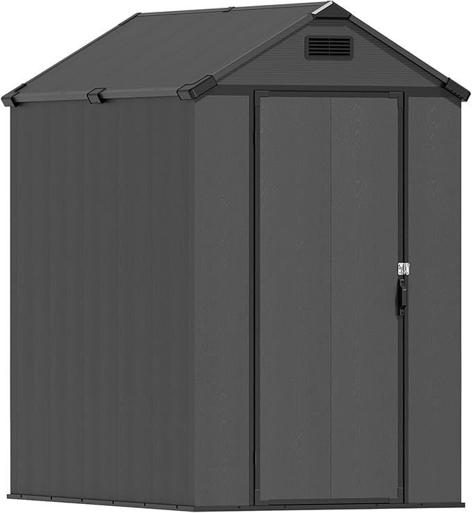 Greesum 4x6FT Plastic Shed with Floor, Outdoor Storage Shed with Vent and Locable Door, Waterproof Plastic Tool Storage Without Window, for Garden, Garage, Lawn, Deep Gray