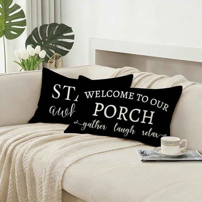 RABUSOFA Welcome to Our Porch Decor Outdoor Pillow Covers Waterproof,12x20 Set of 2 Black and Cream Stay Awhile Relax Lumbar Cushion Case Decorations for Patio Couch (Black)