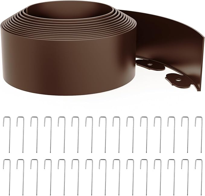 Landscape Edging 4 Inch Tall 20FT with 30Pcs Metal Spikes, Plastic Garden Edging Border Landscape Edging Border Lawn Edging for Landscaping, Flower Bed, Yard(Brown)