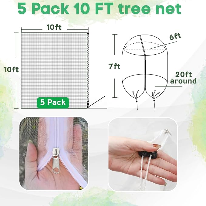 5 Pack 10x10ft Fruit Tree Netting with Zipper & Drawstring, Bird Netting for Fruit Trees, Heavy Duty Tree Nets for Fruit Trees, Reusable Mesh Covers to Protect from Birds, Squirrels, Deer & Insects