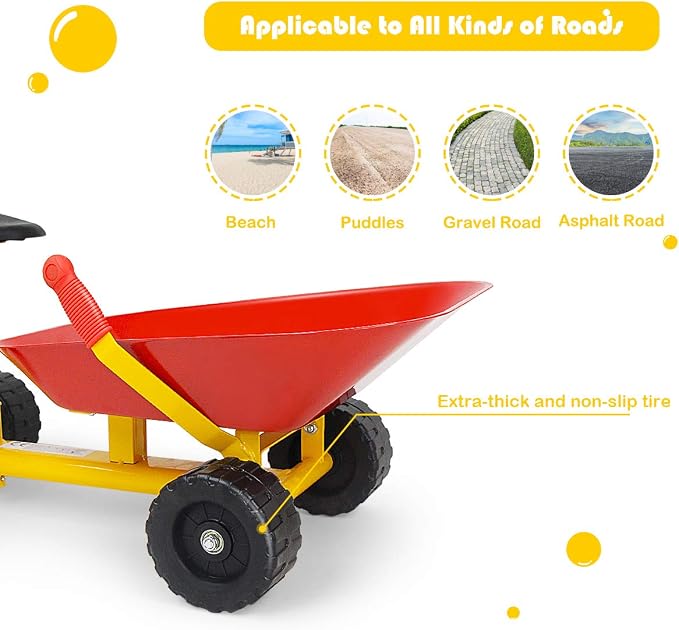 HONEY JOY Ride On Sand Dumper for Kids, Outdoor Garden Dump Cart Wheelbarrow w/8 Inch Wheels, Heavy Duty Steel Sit On Pulling Wagon Play Toy for Boys Girls