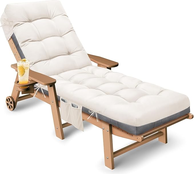 Outdoor Lounge Chair Cushion, Waterproof Replacement Chaise Lounge Cushions for Outdoor Furniture Thickened 71 x 22 x 4.7 Inches Non-Slip Patio Pool Lounge Chair Cushions with Ties (Cream)