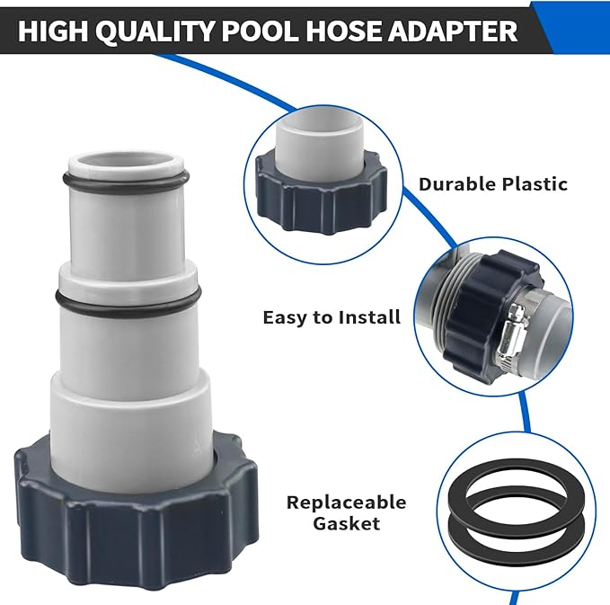 4 Pack Pool Hose Adapter, 1.5" to 1.25" Pool Hose Connector with Clamp and Washer for Intex Threaded Connection Pump Hoses Above Ground Pools Accessories