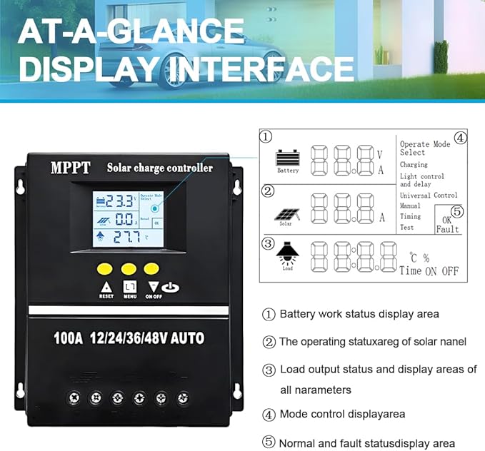 100A MPPT Solar Charge Controller 12V 24V 36V 48V LCD Display Battery Intelligent Regulator Max 100V Input Dual USB for Lead-Acid/Lithium