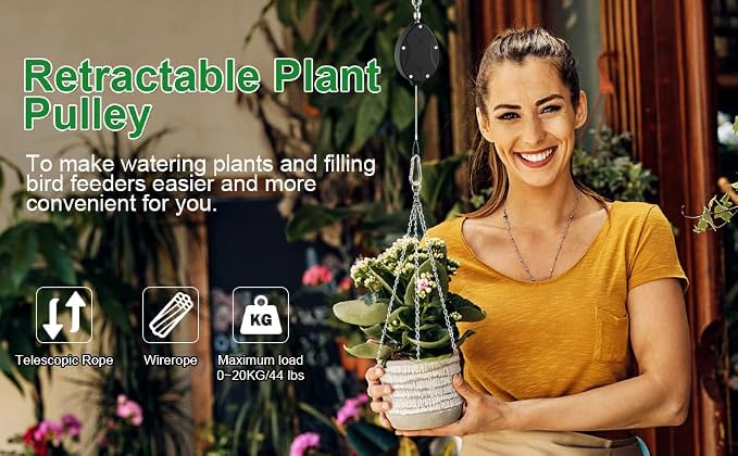 4 Pack Heavy Duty Retractable Plant Hangers, Adjustable Pull-Down Pulleys with 63" Stainless Steel Rope, Double Hooks for Hanging Plants, Bird Feeders, Planters & Pots, Indoor & Outdoor Use