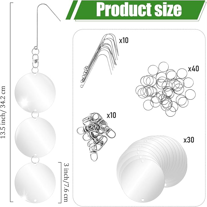 10 Pack Hanging Reflective Bird Scare Discs Set, Large 30-Discs Double-Sided Mirror Bird Deterrent Spinner Reflectors for Outdoor Garden, Patio, Orchard, Balcony, Tree, and Crop Protection Decorations