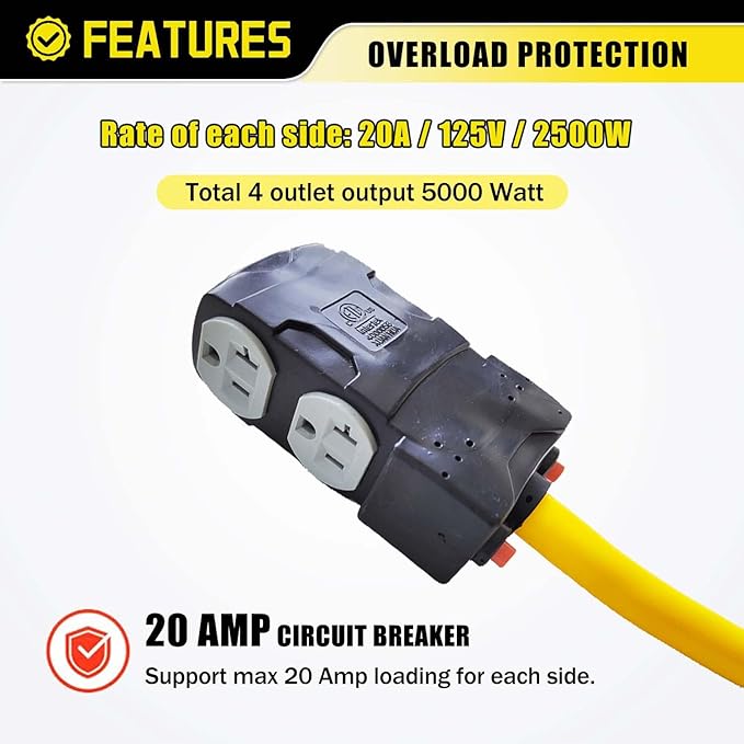 50 Amp to 110 RV Generator Adapter Cord, 4 Prong 220V to 110V Adapter Plug, NEMA 14-50P to Four 5-15R/5-20R Household Outlets with 20 Amp Circuit Breaker